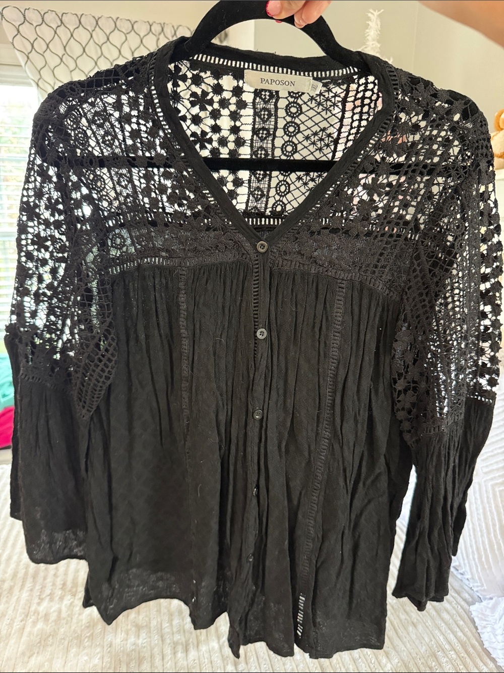 Paposon Black Crochet Yoke Button-Front Blouse